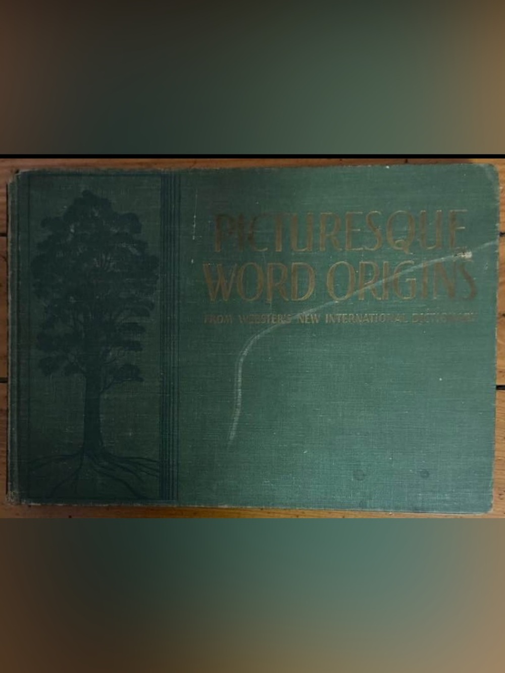 Antique Vintage green cloth book TREE gold letter Websterโs Word Origins origin